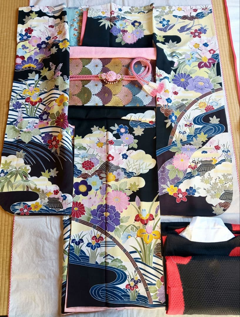 高級　京紅型　有名作家　黒　振袖フルセット　伝統工芸　丈164 裄67