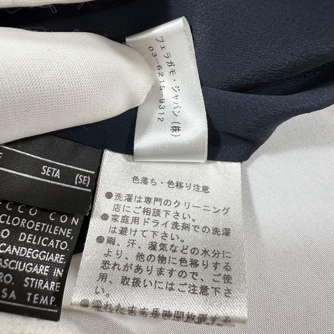 【美品】フェラガモ ワンピース ネイビー シルク100 フレア袖 42