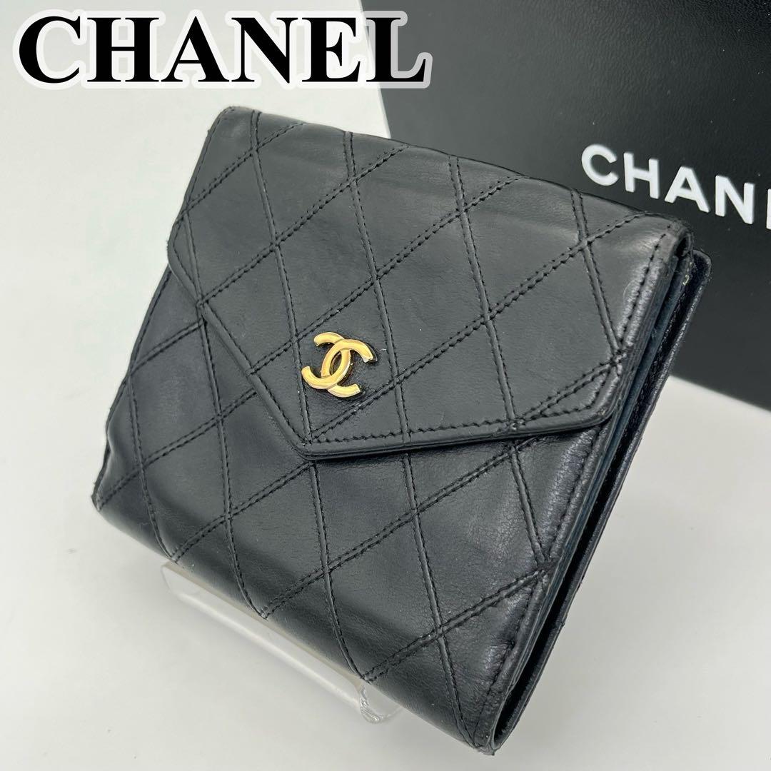 CHANEL 二つ折り財布 ビコローレ Wホック ココマーク 黒 レザー