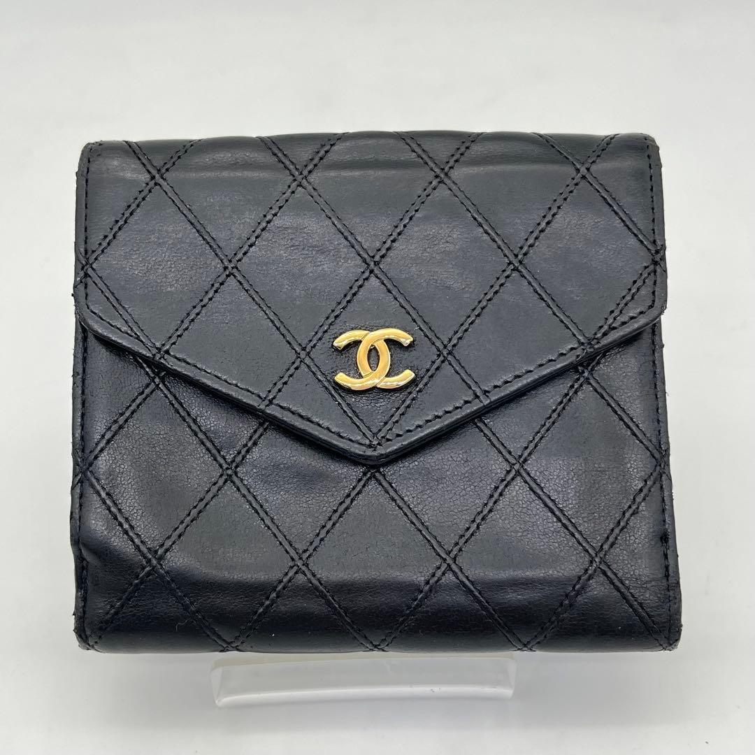CHANEL 二つ折り財布 ビコローレ Wホック ココマーク 黒 レザー