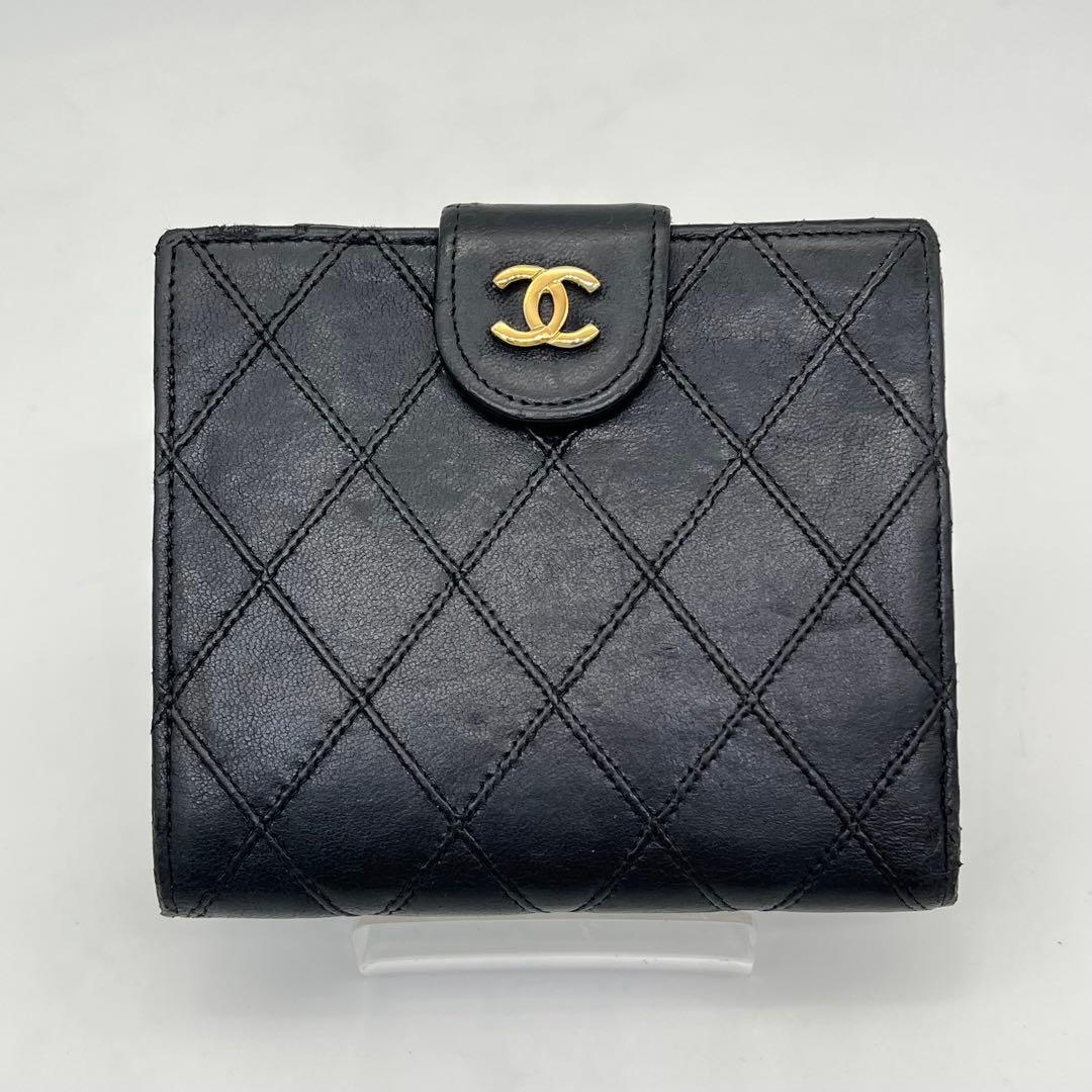 CHANEL 二つ折り財布 ビコローレ Wホック ココマーク 黒 レザー