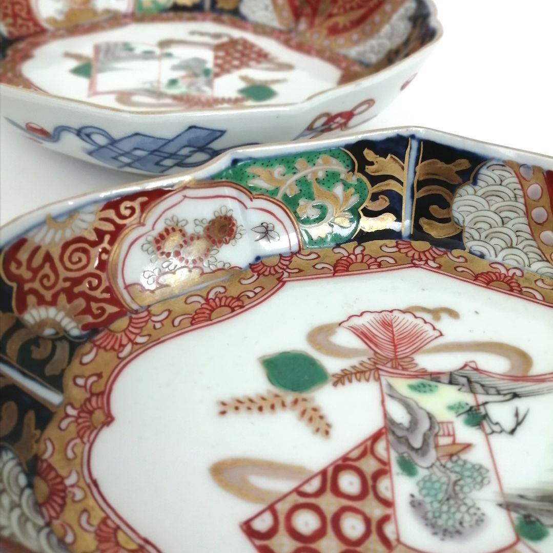明治時代　色絵金彩　和本窓絵に梧桐図　菱形皿　２客