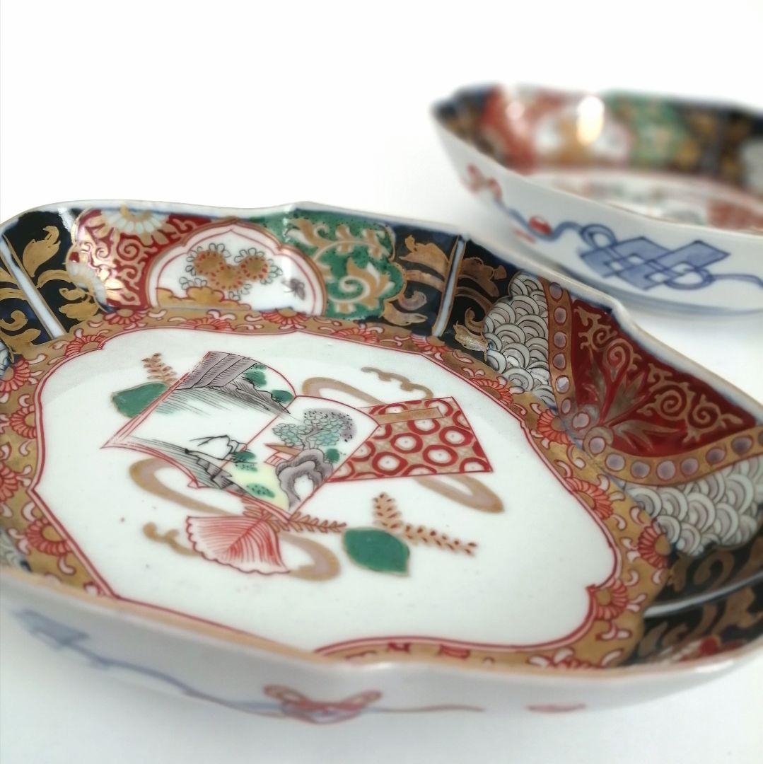 明治時代　色絵金彩　和本窓絵に梧桐図　菱形皿　２客
