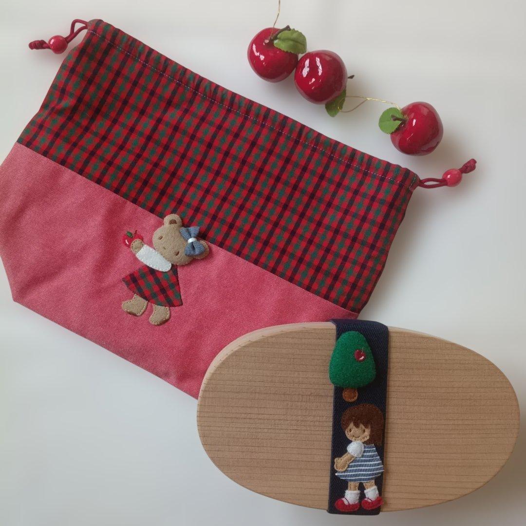 赤チェック❀立体アップリケ付き巾着袋❀ハンドメイド