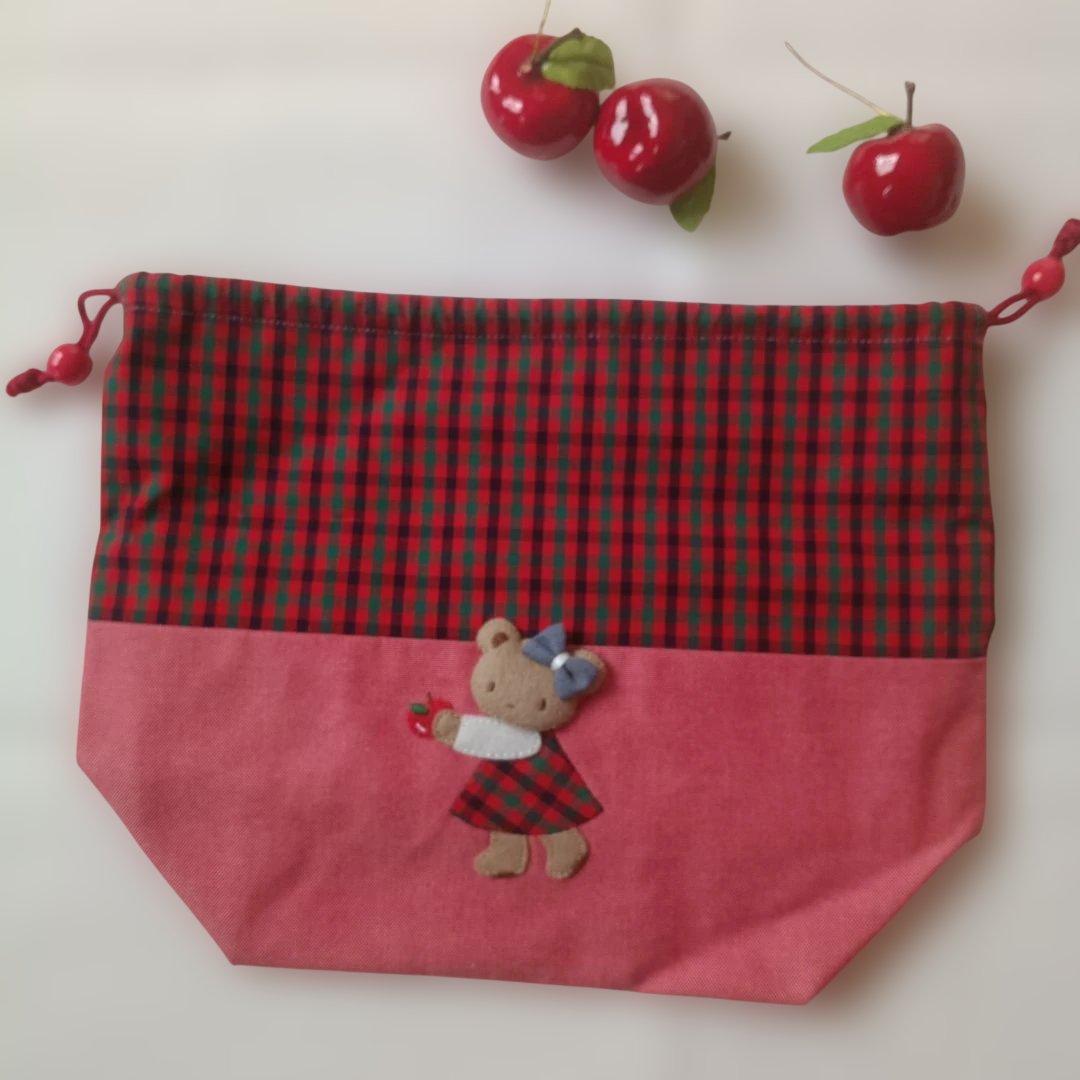 赤チェック❀立体アップリケ付き巾着袋❀ハンドメイド