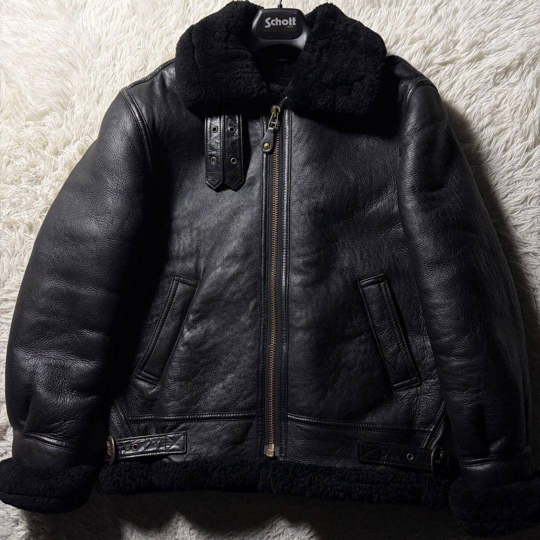 美品■schott フライトジャケット　B-3 ムートン　黒　ロゴ金具　38