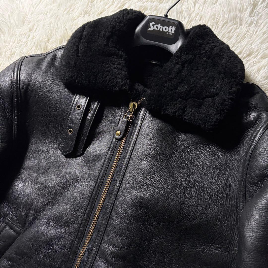 美品■schott フライトジャケット　B-3 ムートン　黒　ロゴ金具　38