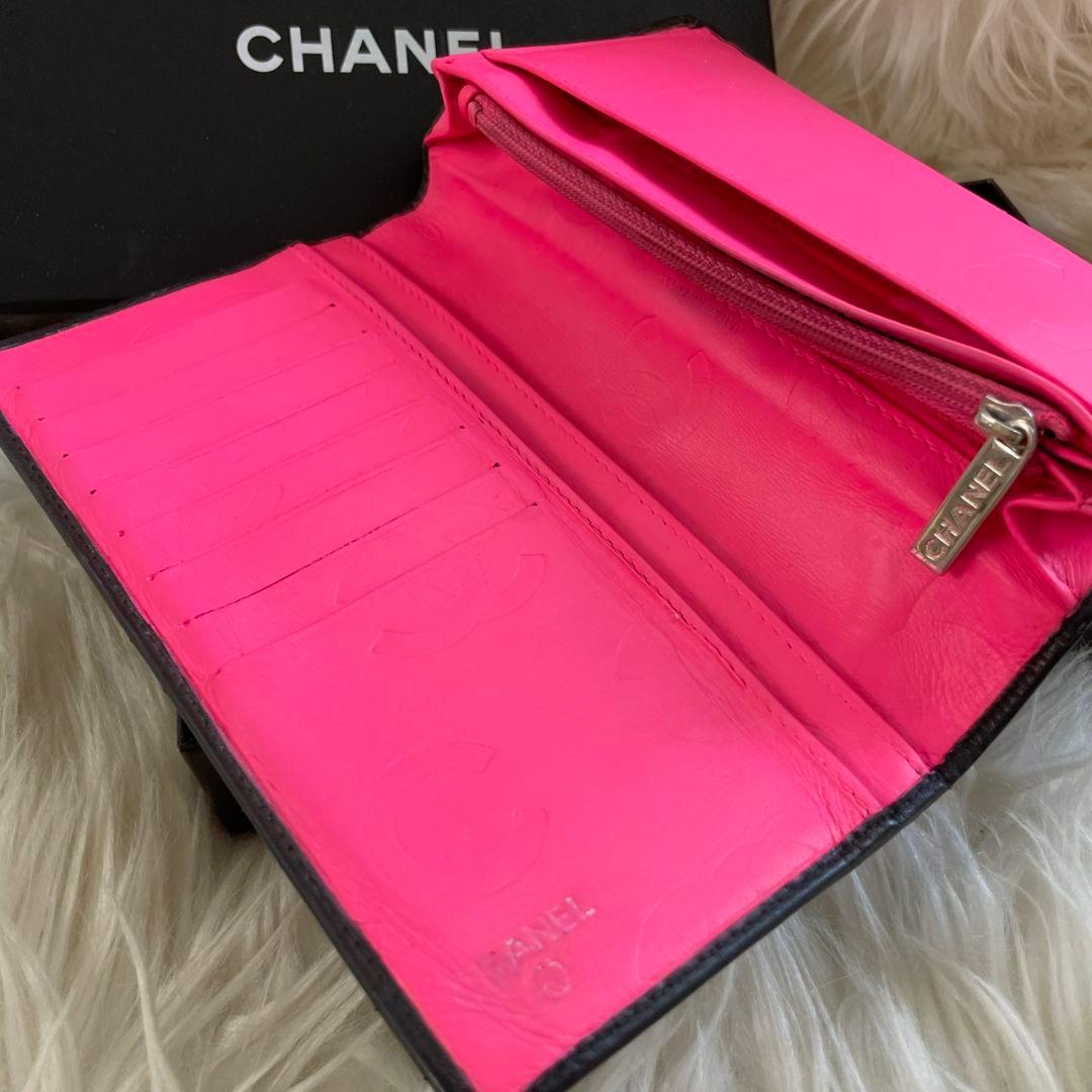 シャネル CHANEL 二つ折り 財布 カンボンライン ピンク 黒 正規品
