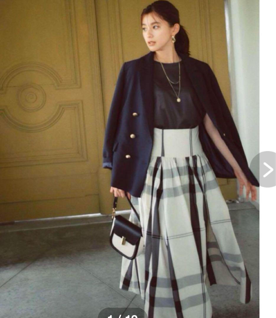 【美品】タフタ素材タックギャザーアイボリー グレー チェックロングフレアスカート
