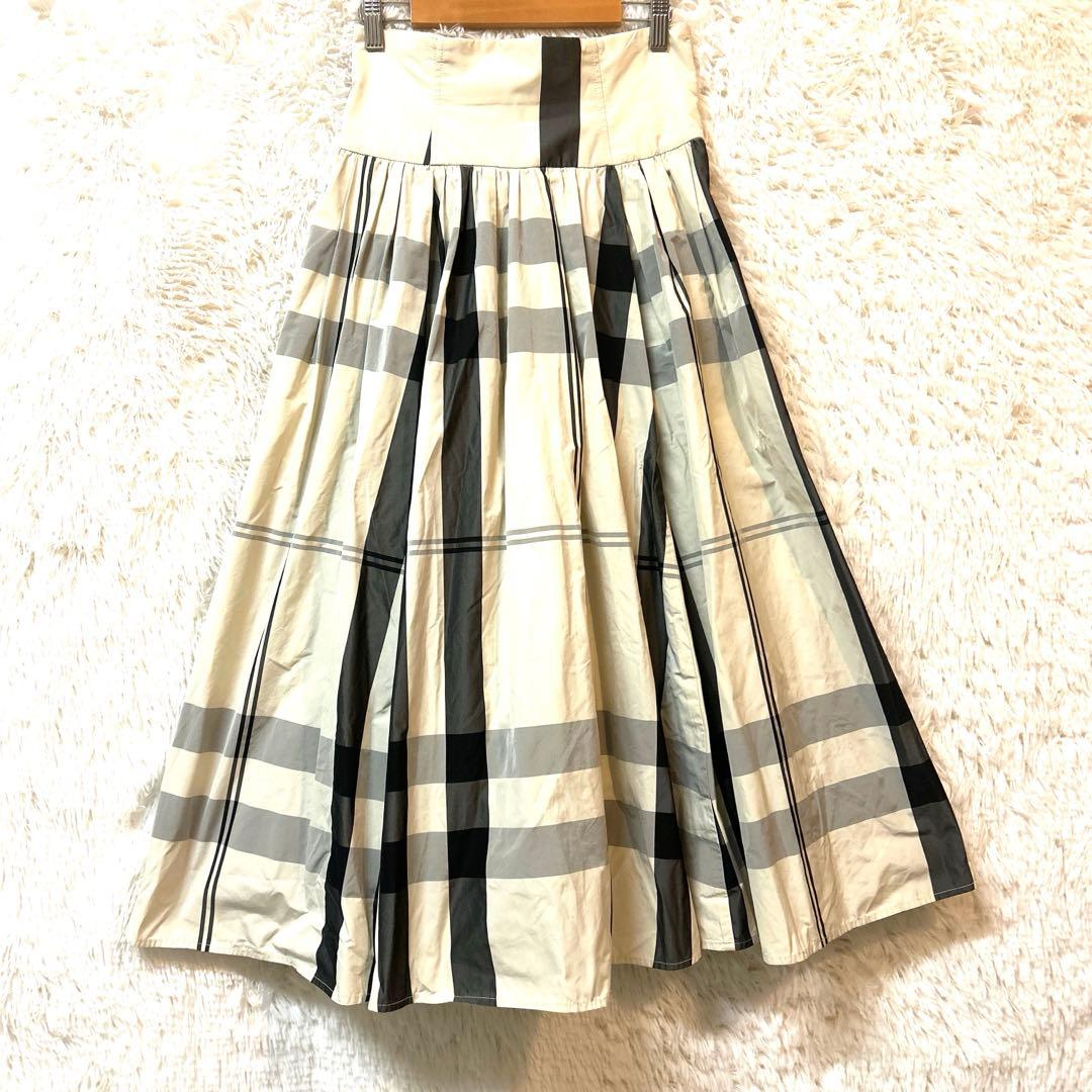 【美品】タフタ素材タックギャザーアイボリー グレー チェックロングフレアスカート