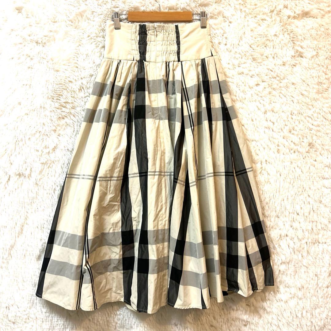 【美品】タフタ素材タックギャザーアイボリー グレー チェックロングフレアスカート