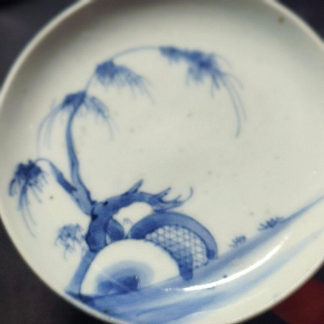 古伊万里 染付小皿 角福 柳風景画 幕末骨董 飾り皿 コレクター放出美品