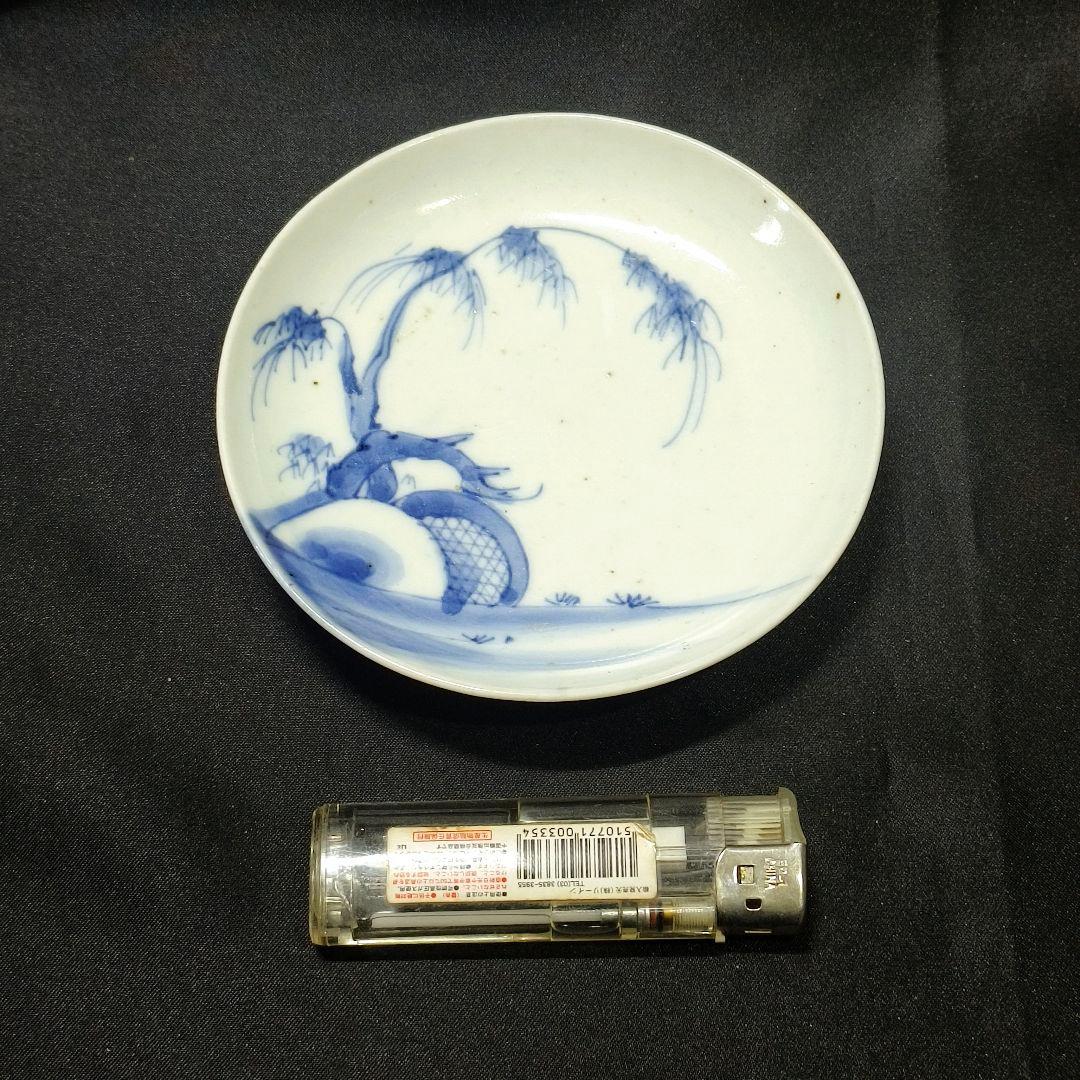 古伊万里 染付小皿 角福 柳風景画 幕末骨董 飾り皿 コレクター放出美品