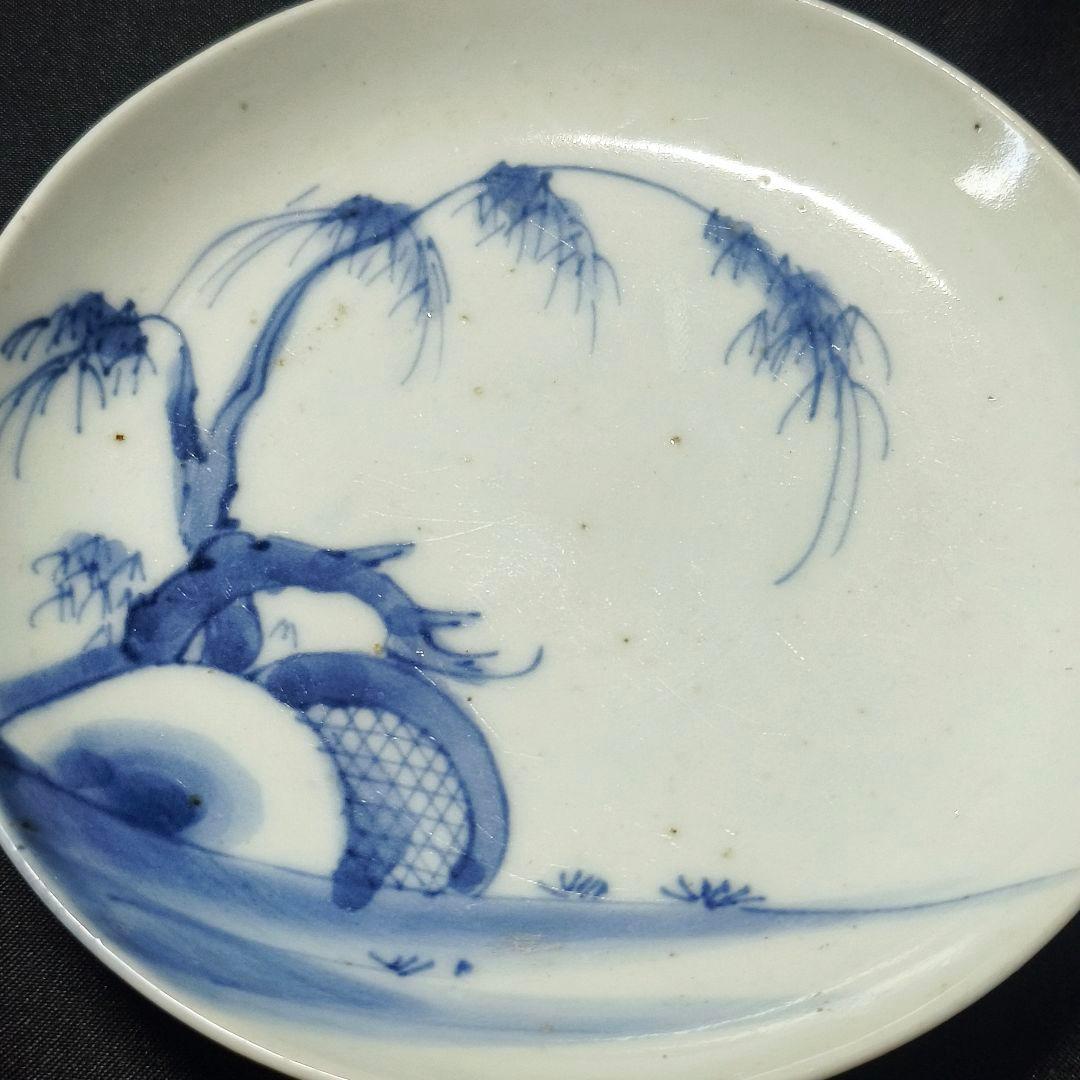 古伊万里 染付小皿 角福 柳風景画 幕末骨董 飾り皿 コレクター放出美品