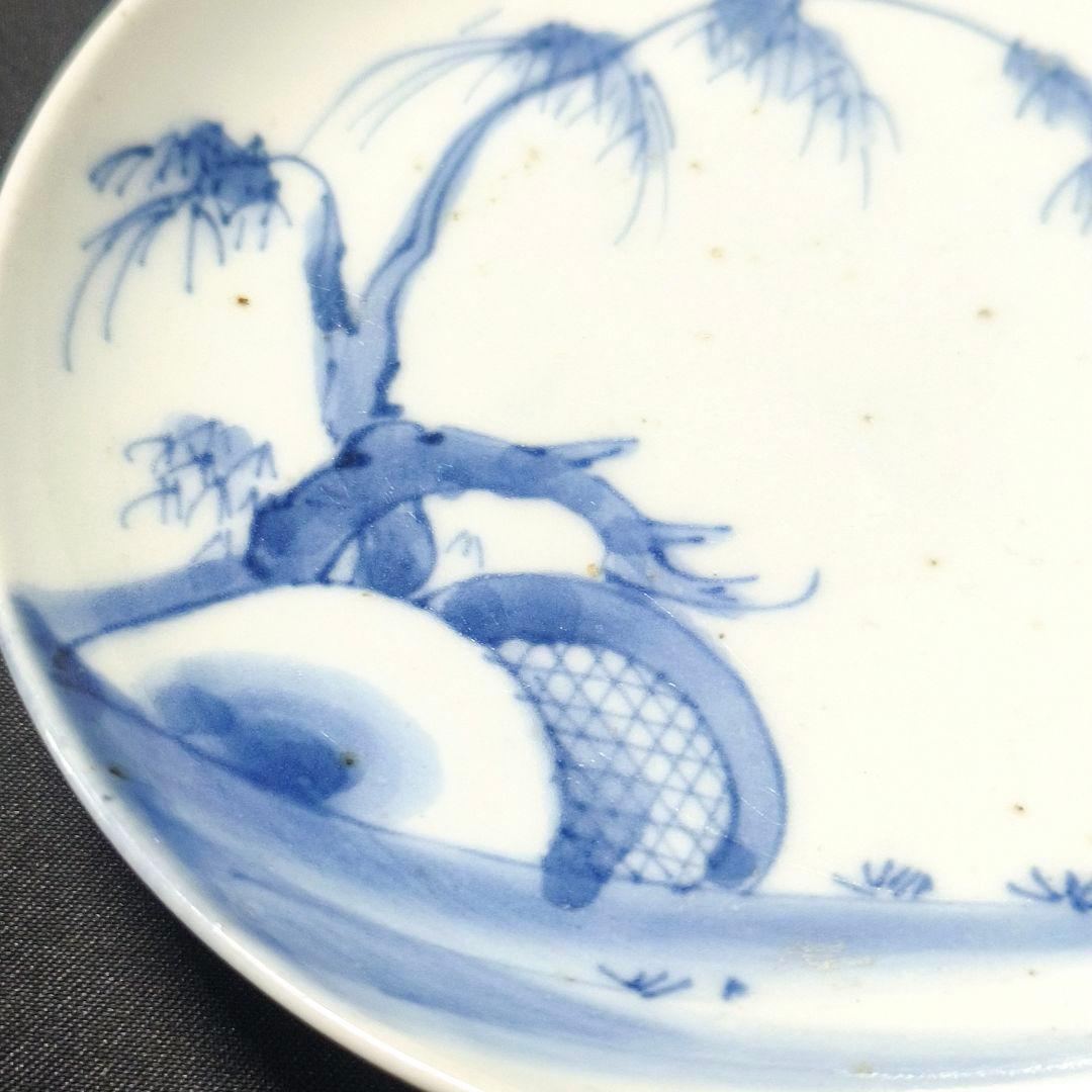 古伊万里 染付小皿 角福 柳風景画 幕末骨董 飾り皿 コレクター放出美品