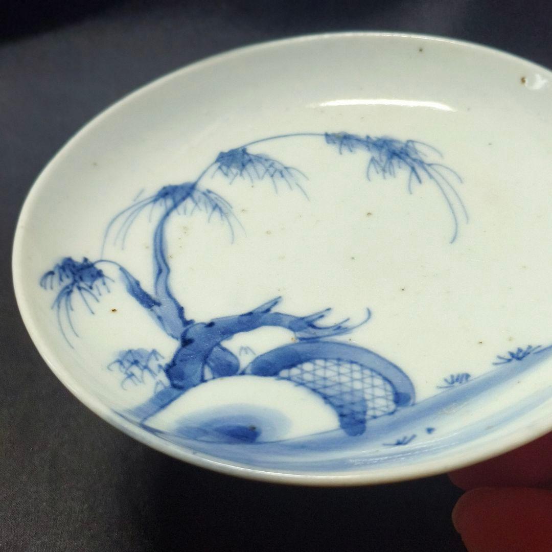 古伊万里 染付小皿 角福 柳風景画 幕末骨董 飾り皿 コレクター放出美品