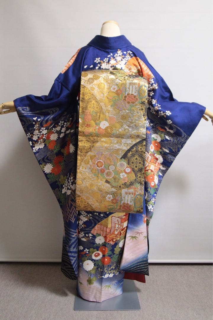 振袖フルセット 青 白 オレンジ 正絹 成人式 前撮り