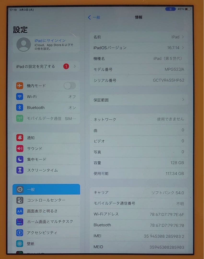 GCTVR完動品SIMフリーiPad第5世代(A1823)本体128GB送料込