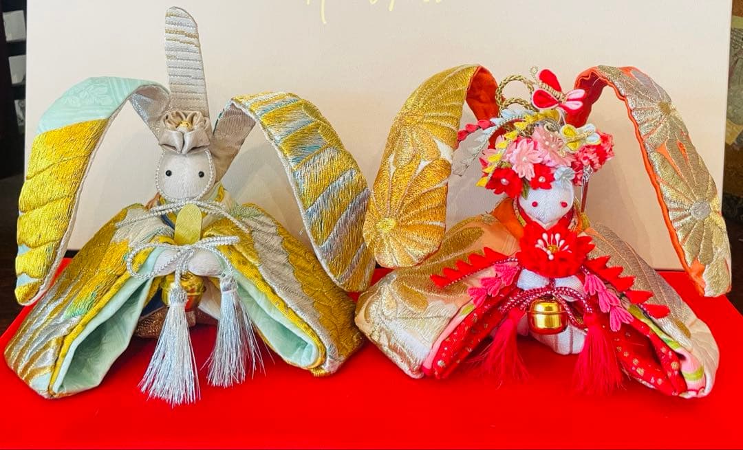 おばあちゃんのハンドメイド　着物うさぎ人形　アンティーク着物　刺繍　桜　お雛様