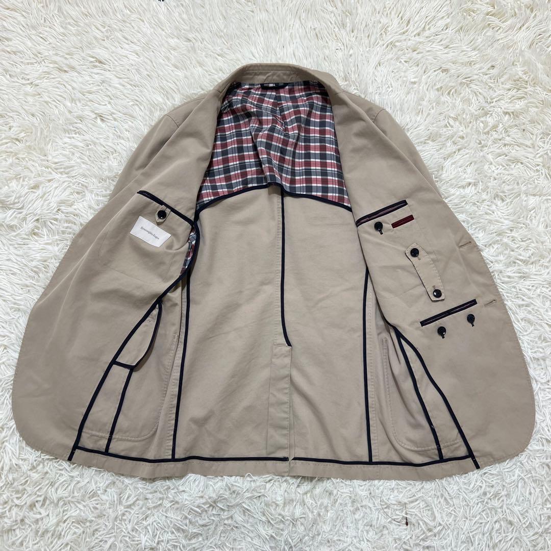 ゼニア　テーラードジャケット　銀ボタン　チェック　ベージュ　エルボーパッチ　L