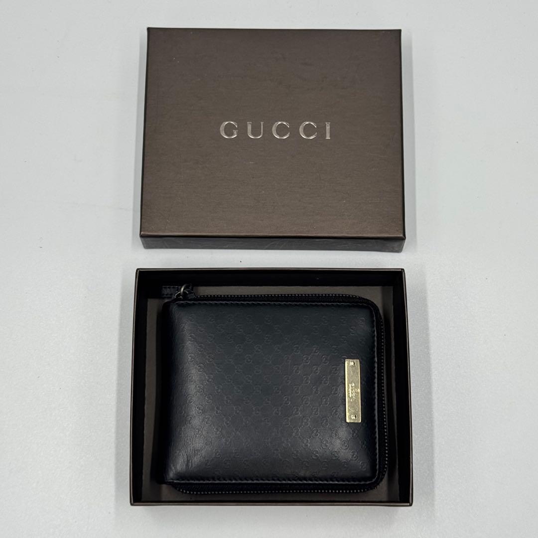 GUCCI グッチ マイクロシマ レザー ラウンド コンパクト財布 ミニ財布 黒