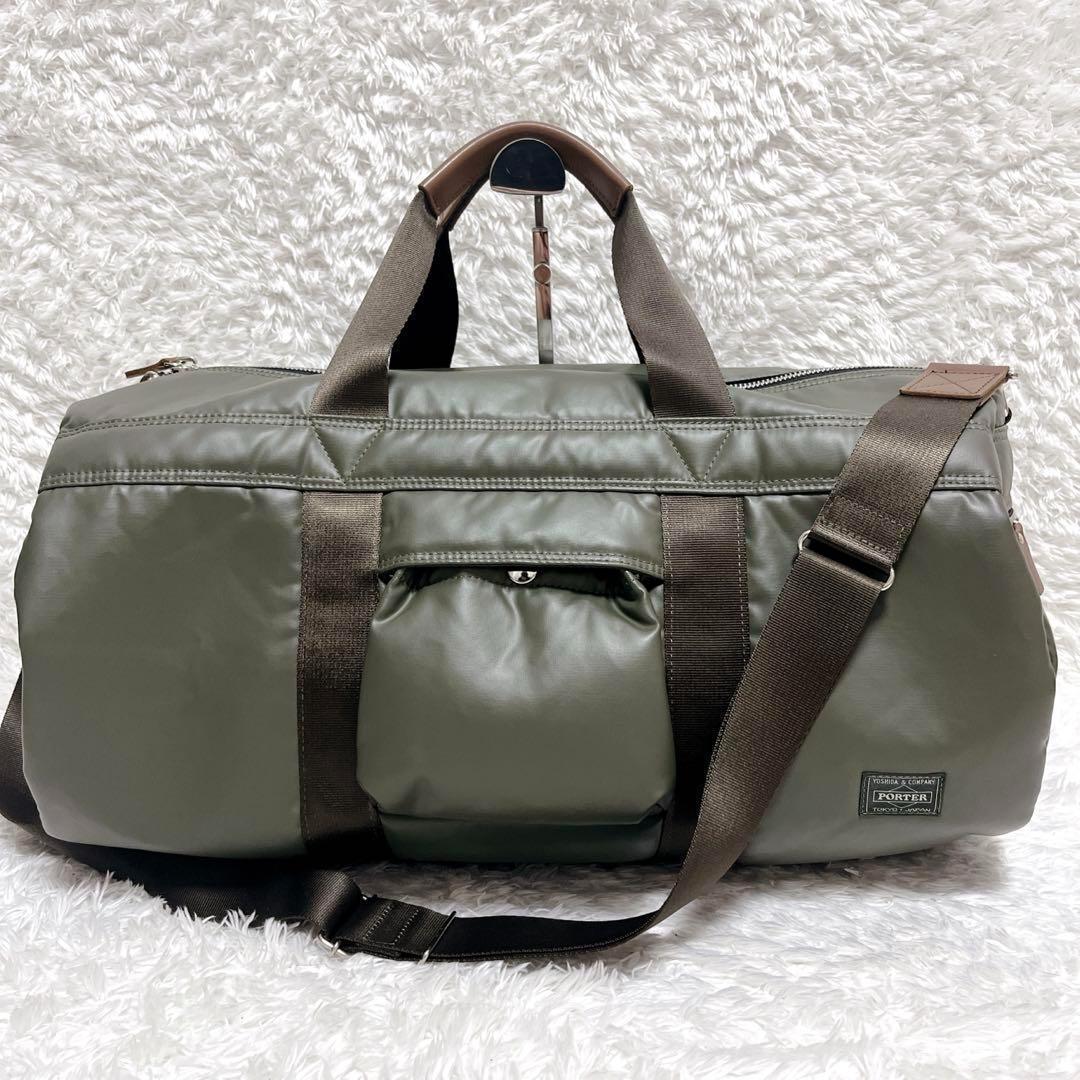 希少　HEAD PORTER レザー　ボストンバッグ　カーキ　ショルダー　大容量