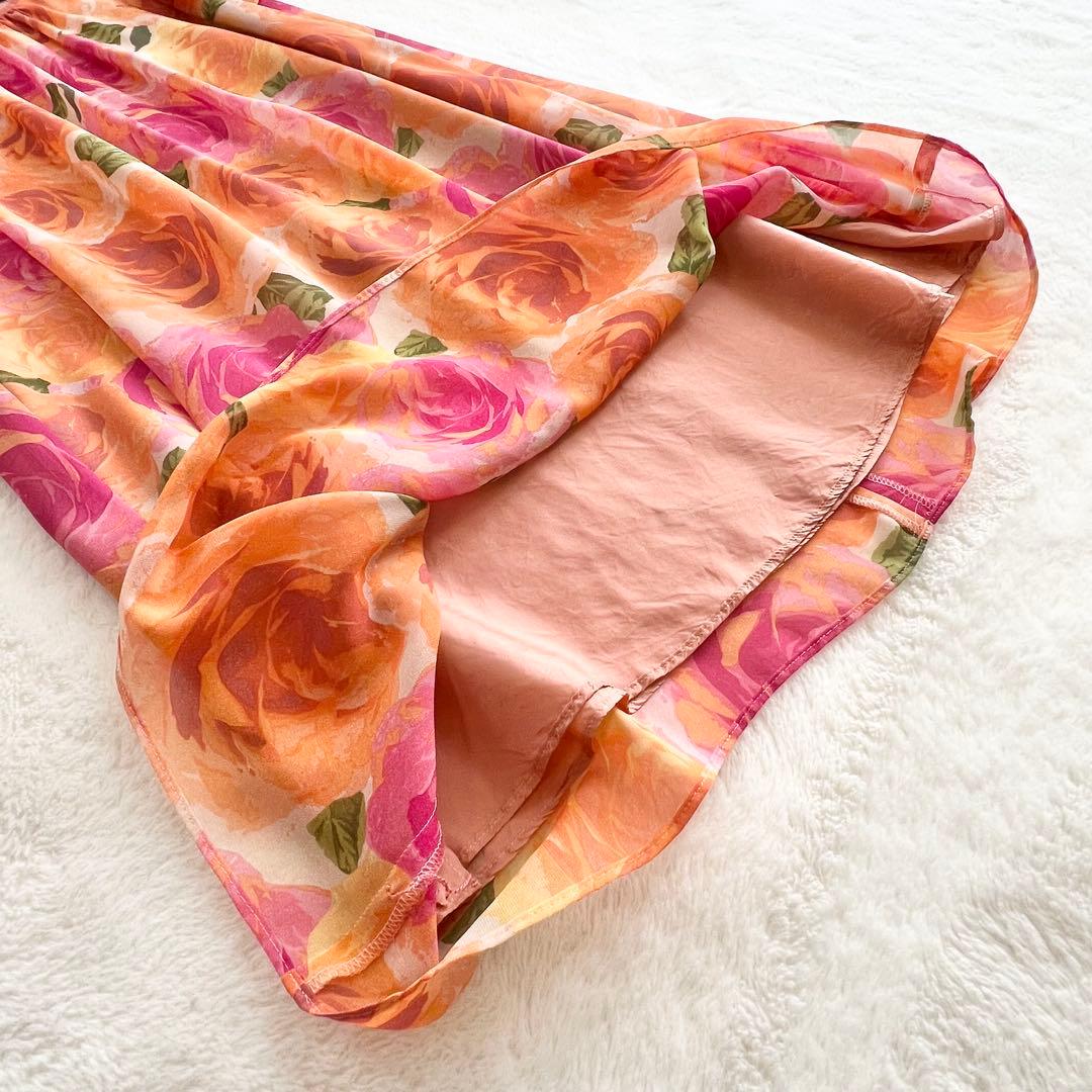 美品【エムズグレイシー】花柄フレンチスリーブひざ丈ワンピース☆ギャザー☆春夏☆M