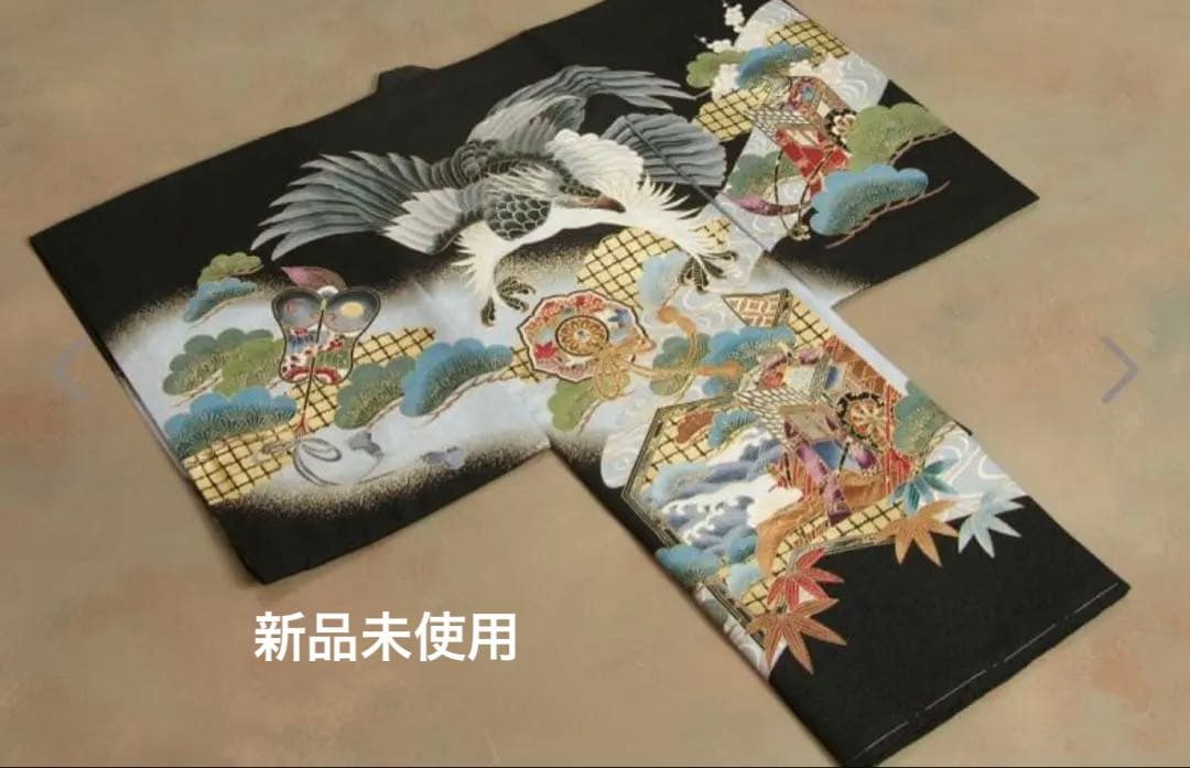 新品未使用　京美　お宮参り 着物 男の子 絹100％ 正絹　鷹 金彩絵巻文様