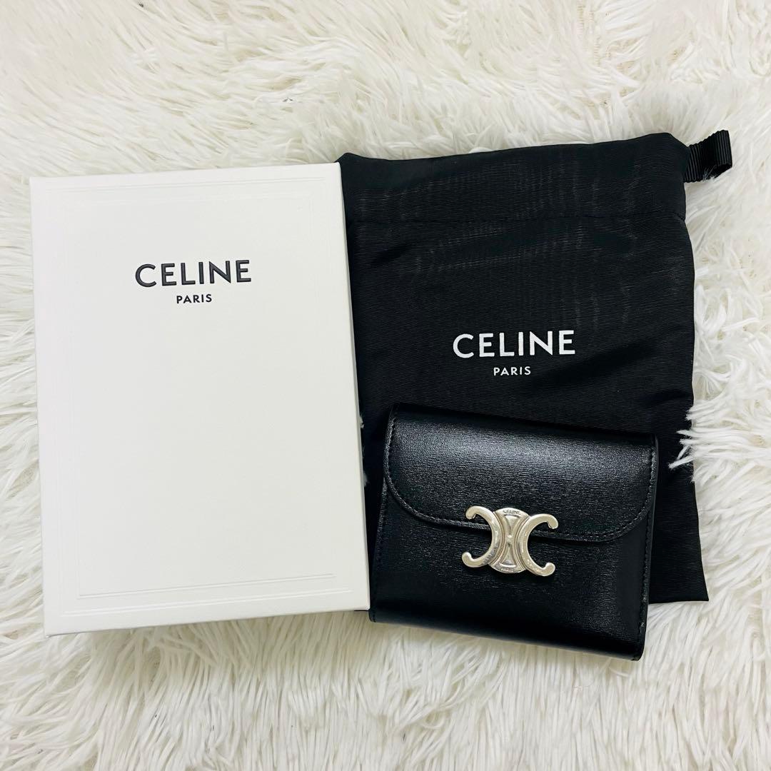 極美✨付属完備✨セリーヌ 三つ折り財布 トリオンフ レザー ブラック シルバー