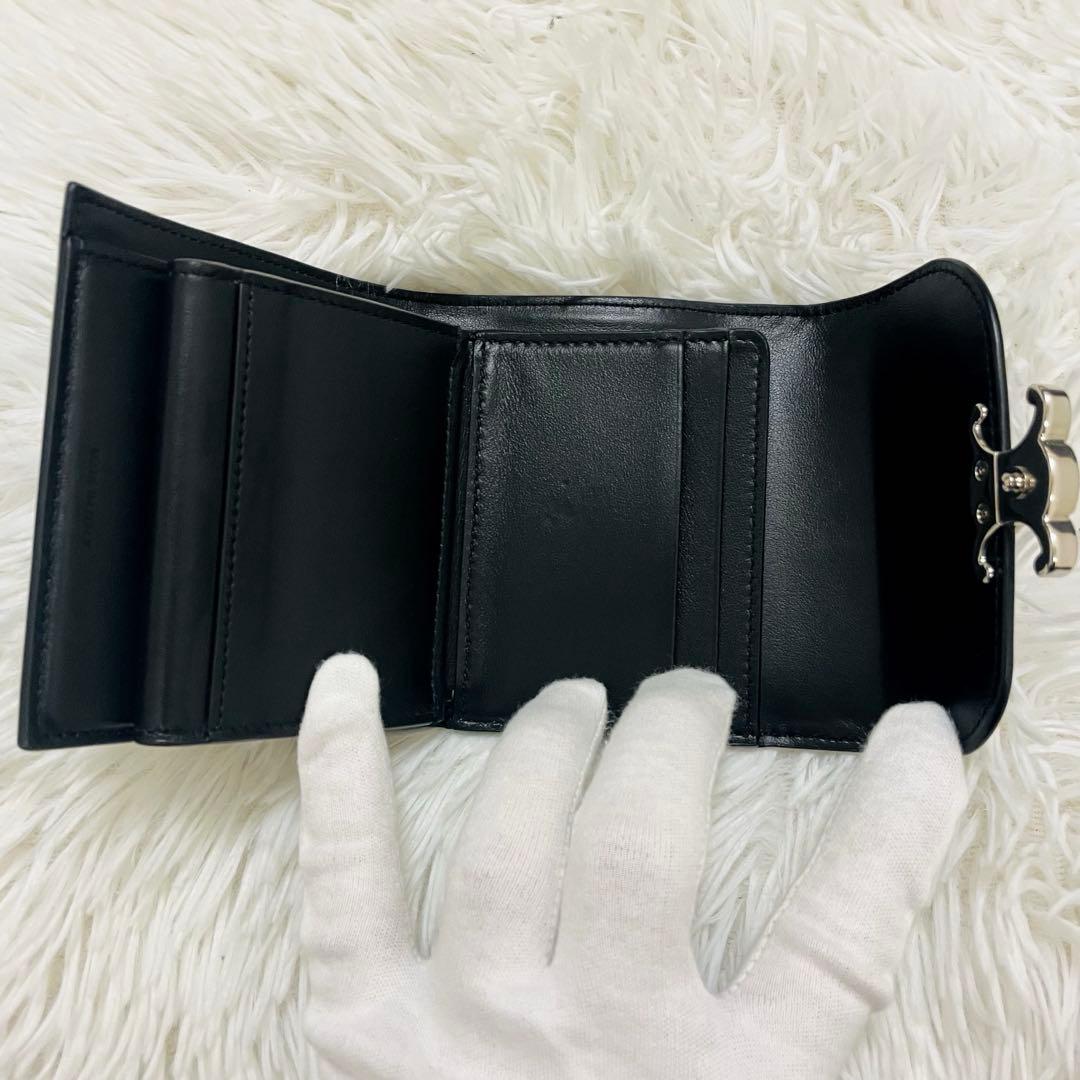 極美✨付属完備✨セリーヌ 三つ折り財布 トリオンフ レザー ブラック シルバー
