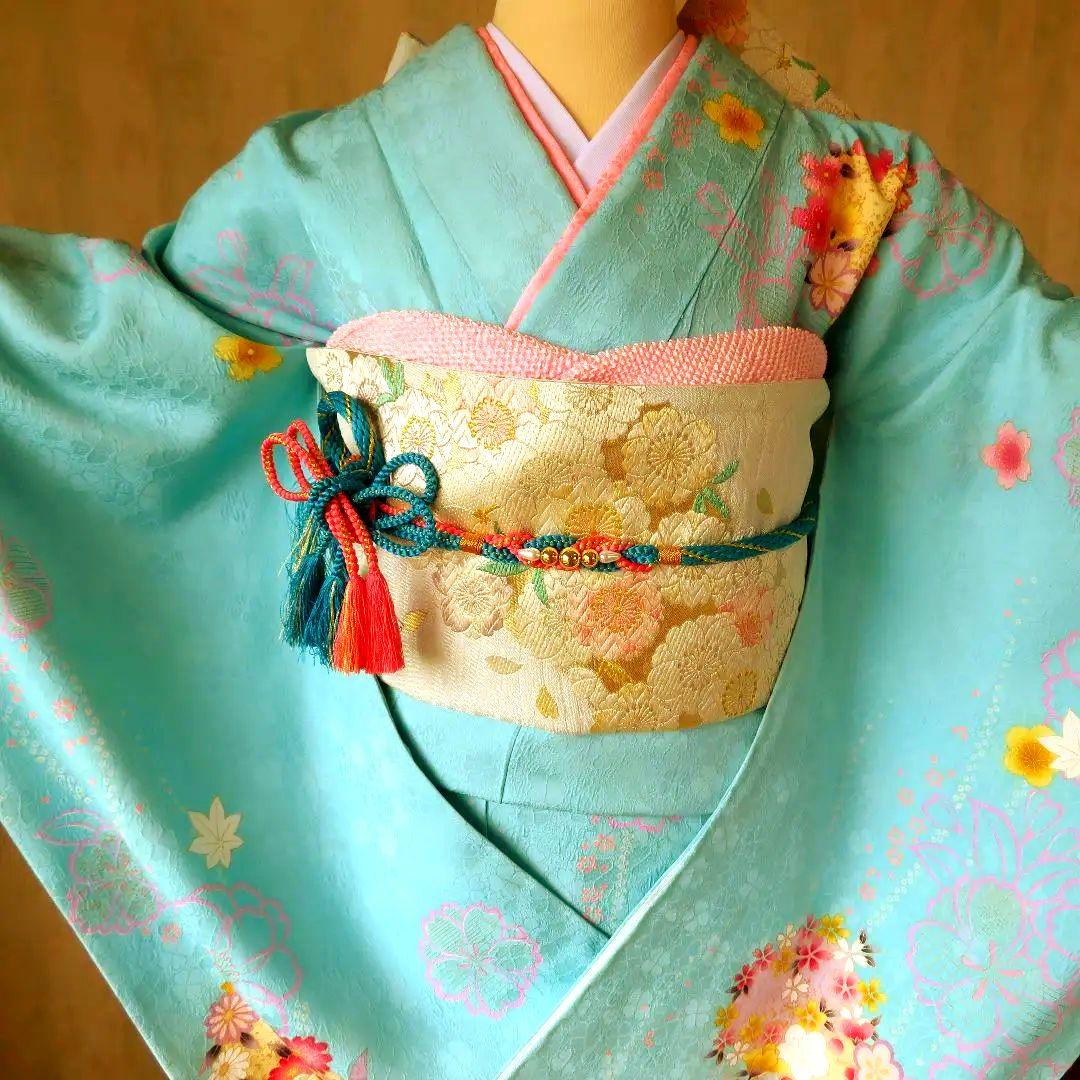 3747 振袖　5点セット　水色　成人式　結婚式　卒業式　正絹