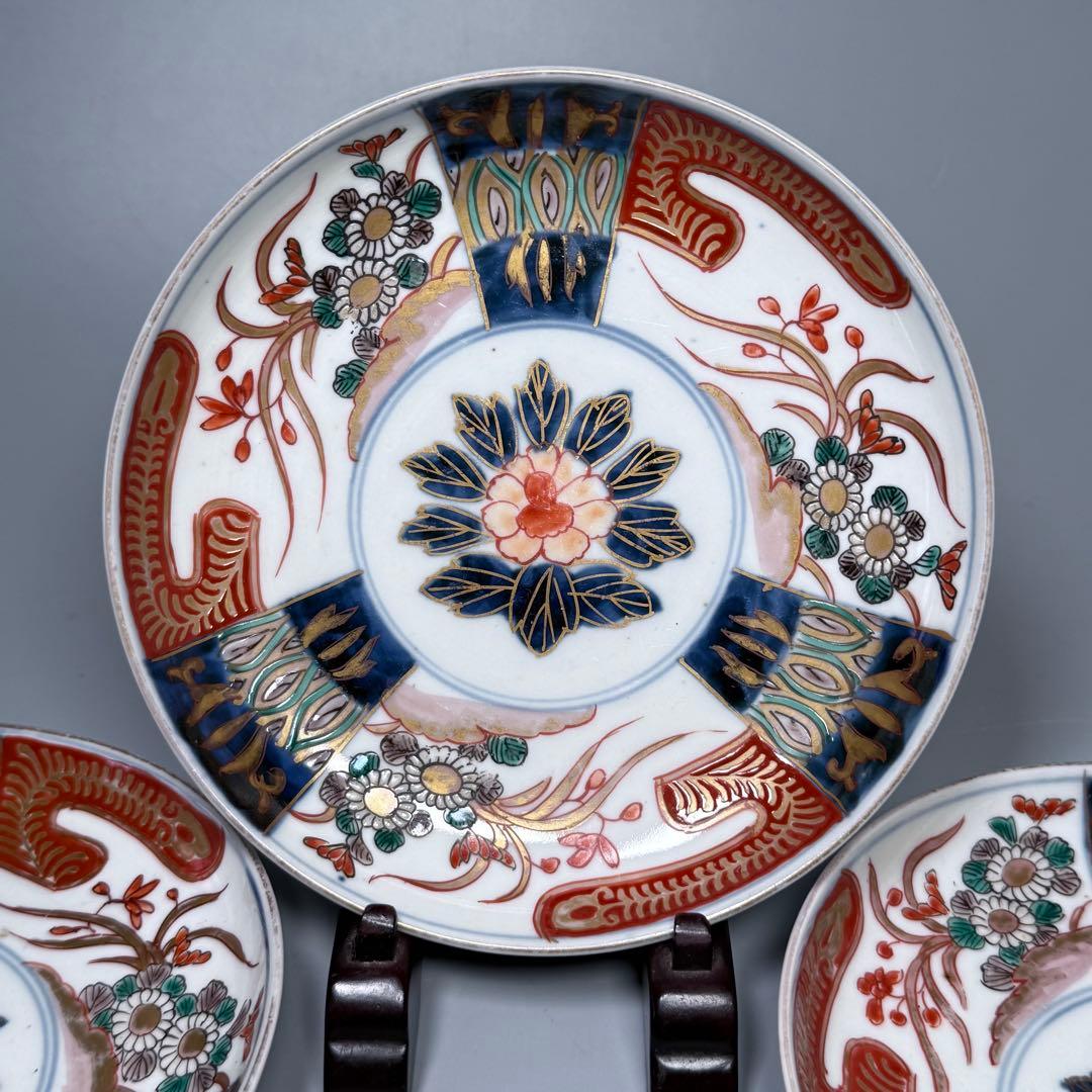 幕末〜明治期　染錦三方花草文様五寸皿　五枚　直径15.4cm　古伊万里　料理屋