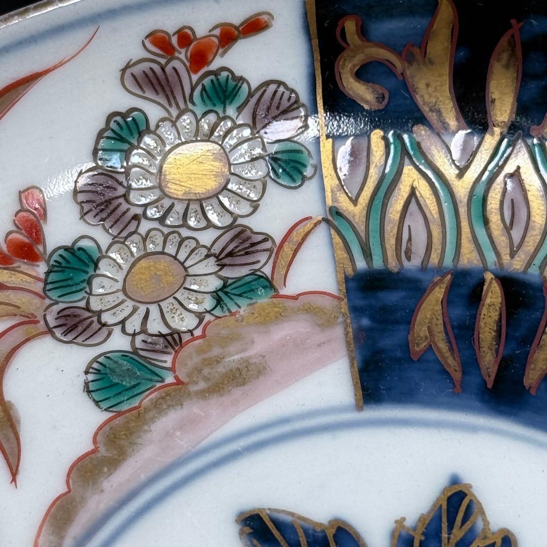 幕末〜明治期　染錦三方花草文様五寸皿　五枚　直径15.4cm　古伊万里　料理屋
