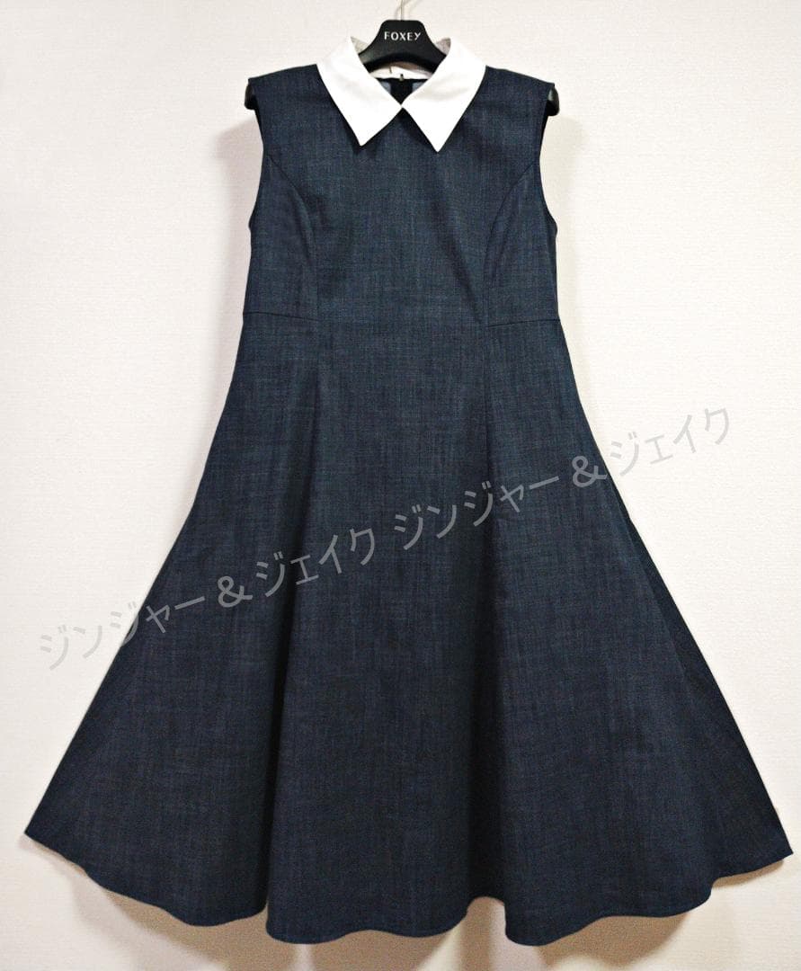 極美品 FOXEYフォクシー 3way 白襟 ビジュー襟 デニム ワンピース38