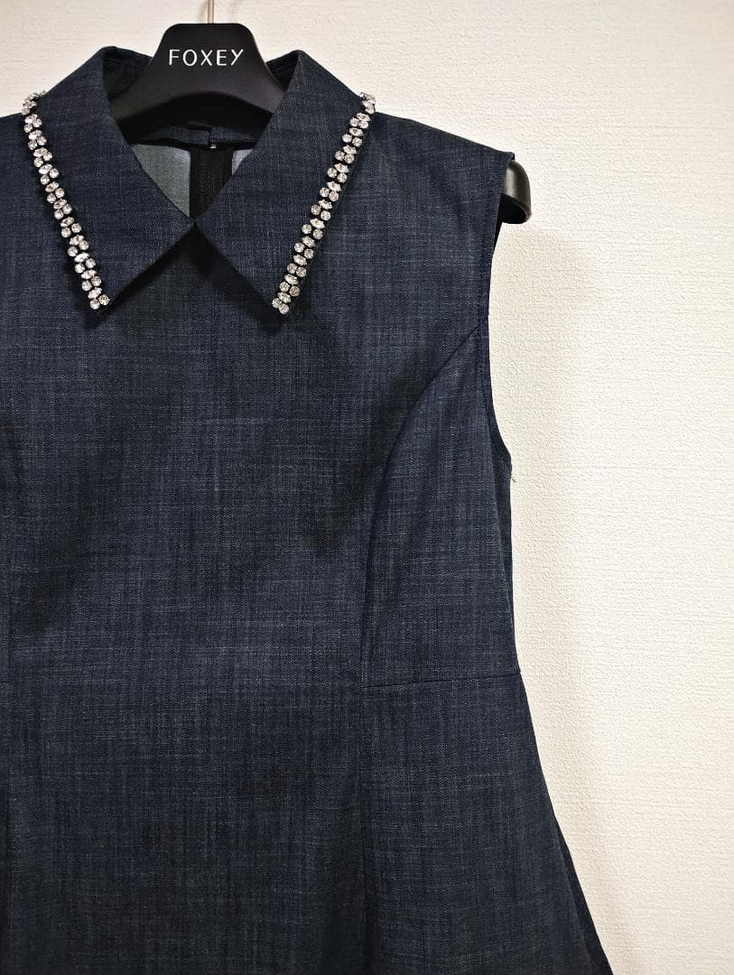 極美品 FOXEYフォクシー 3way 白襟 ビジュー襟 デニム ワンピース38