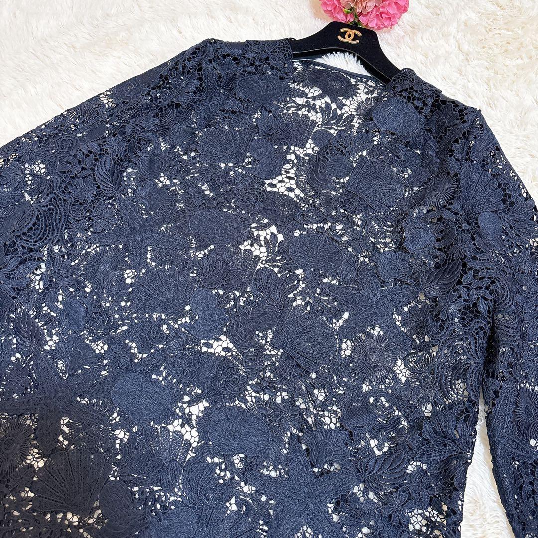 美品☆ダーマコレクション 総レース ロングカーディガン シェル 魚 ネイビー