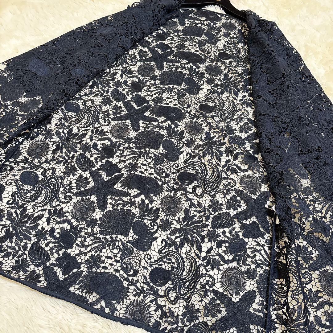 美品☆ダーマコレクション 総レース ロングカーディガン シェル 魚 ネイビー