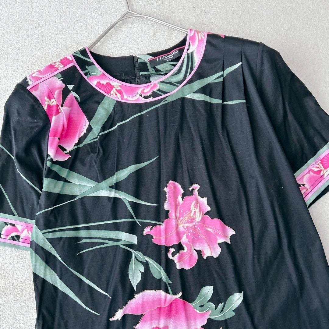 美品✨LEONARD レオナール 花柄 半袖 Tシャツ トリム　ピンク　黒　M