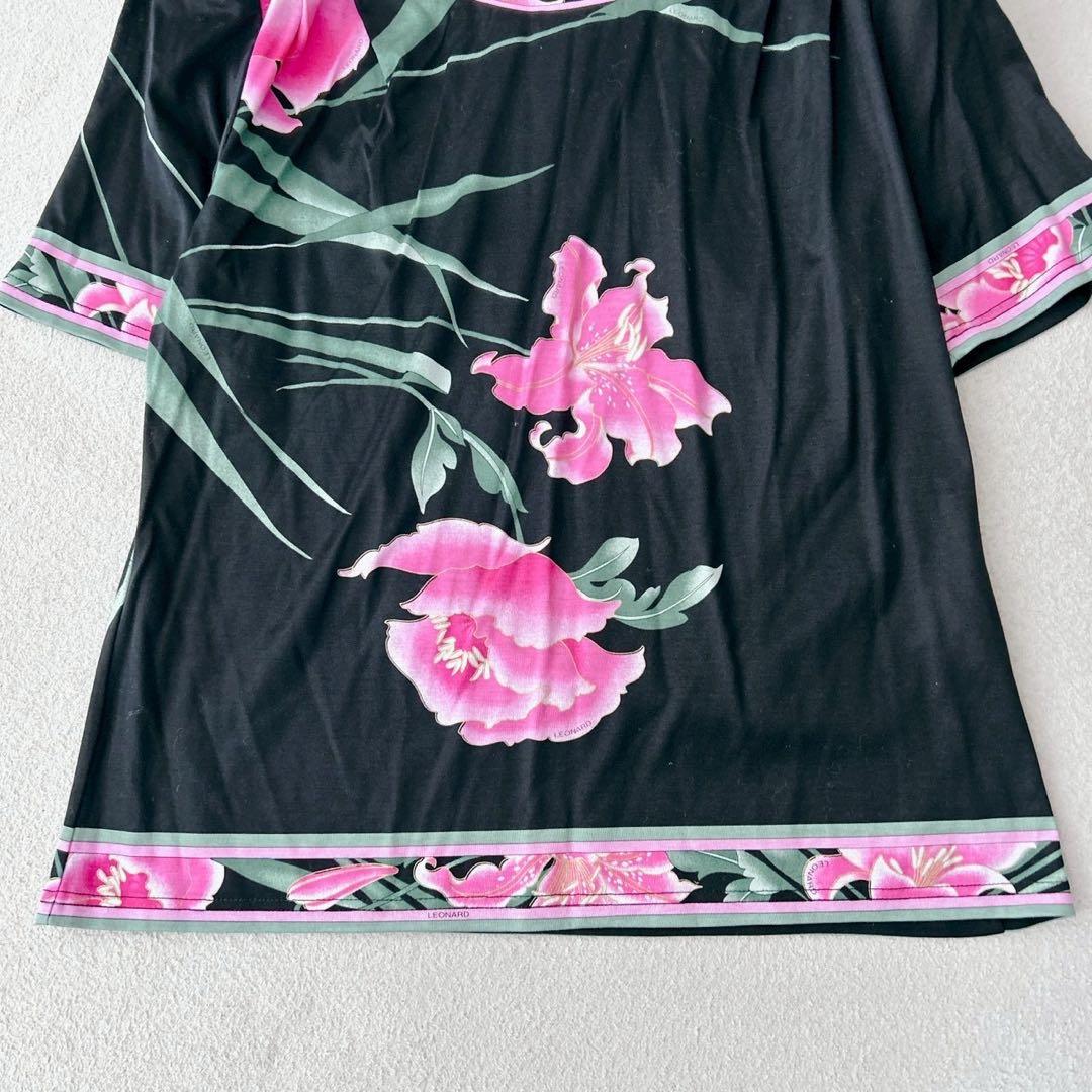 美品✨LEONARD レオナール 花柄 半袖 Tシャツ トリム　ピンク　黒　M