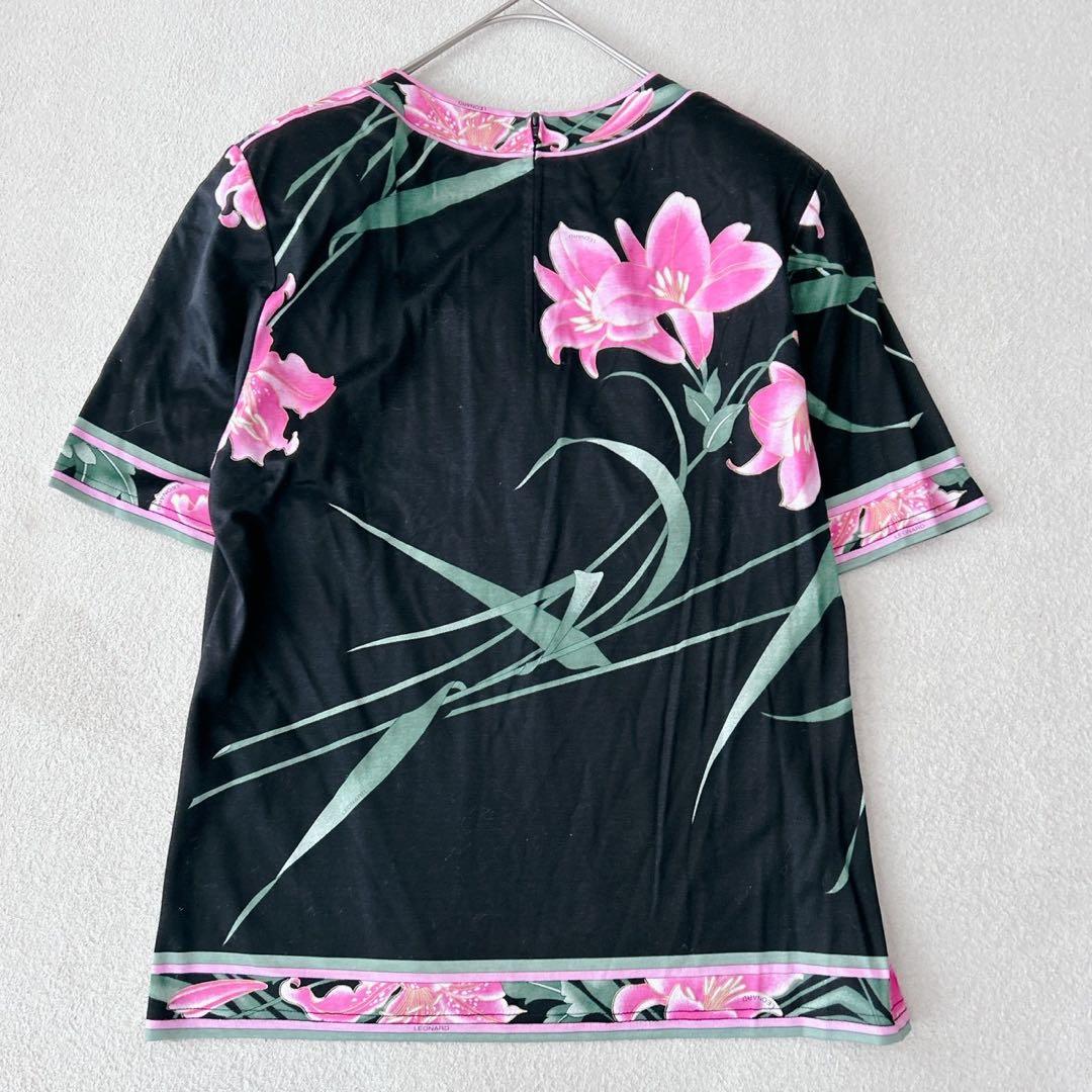 美品✨LEONARD レオナール 花柄 半袖 Tシャツ トリム　ピンク　黒　M