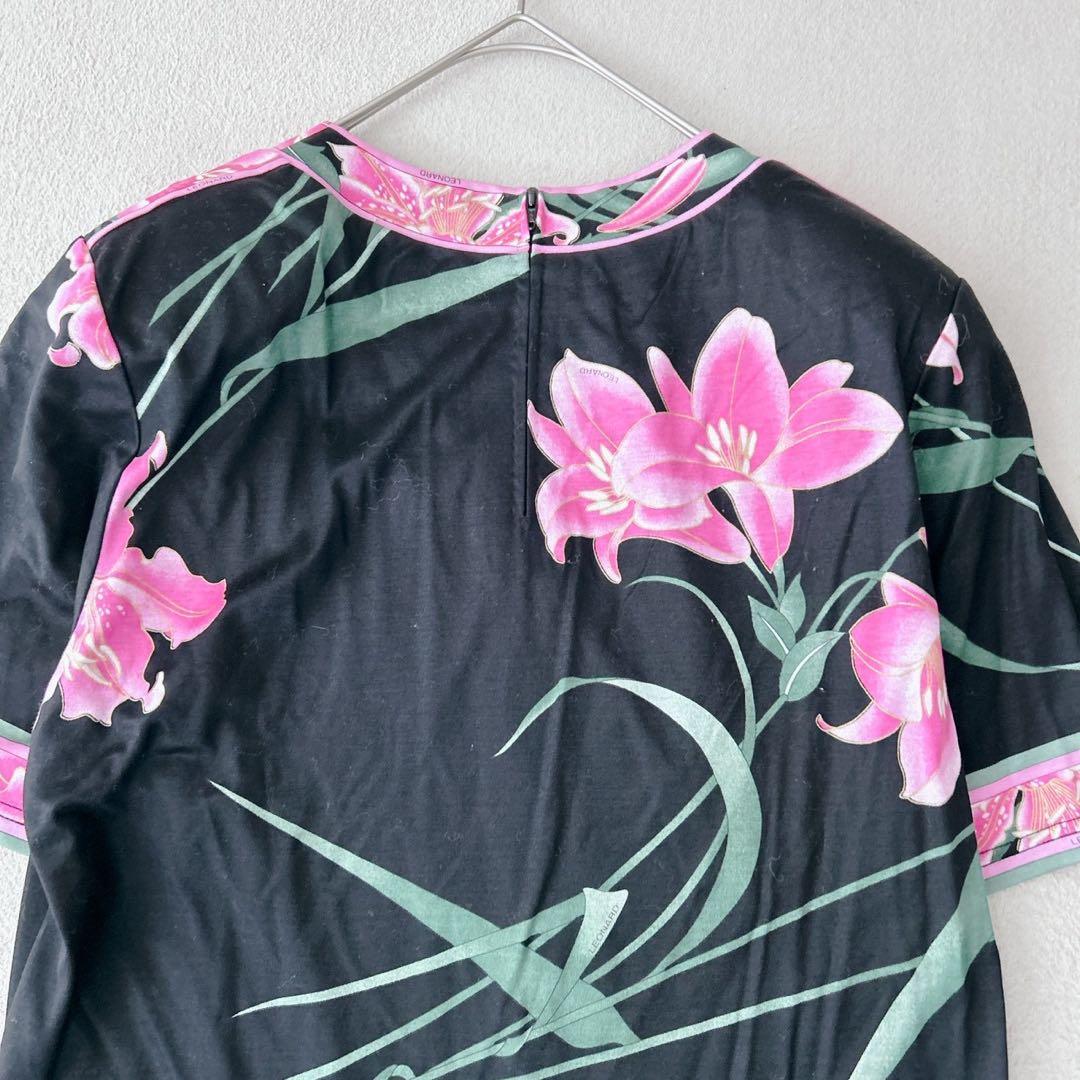 美品✨LEONARD レオナール 花柄 半袖 Tシャツ トリム　ピンク　黒　M