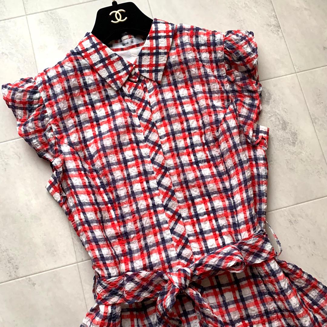 近年♡美品♡ルネ TISSUE チェック シャツワンピース リボン フリル 38