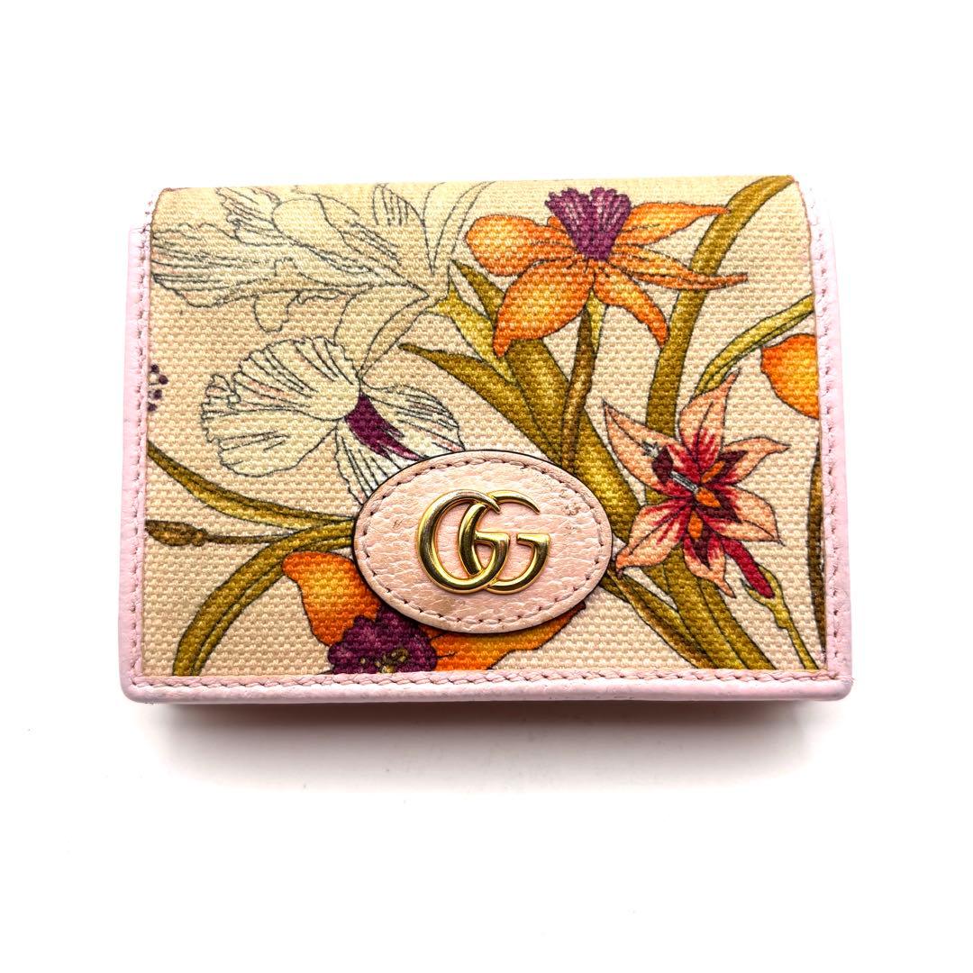 日本限定 グッチ 折り財布 フローラ 花 マーモント GG 金具 ピンク