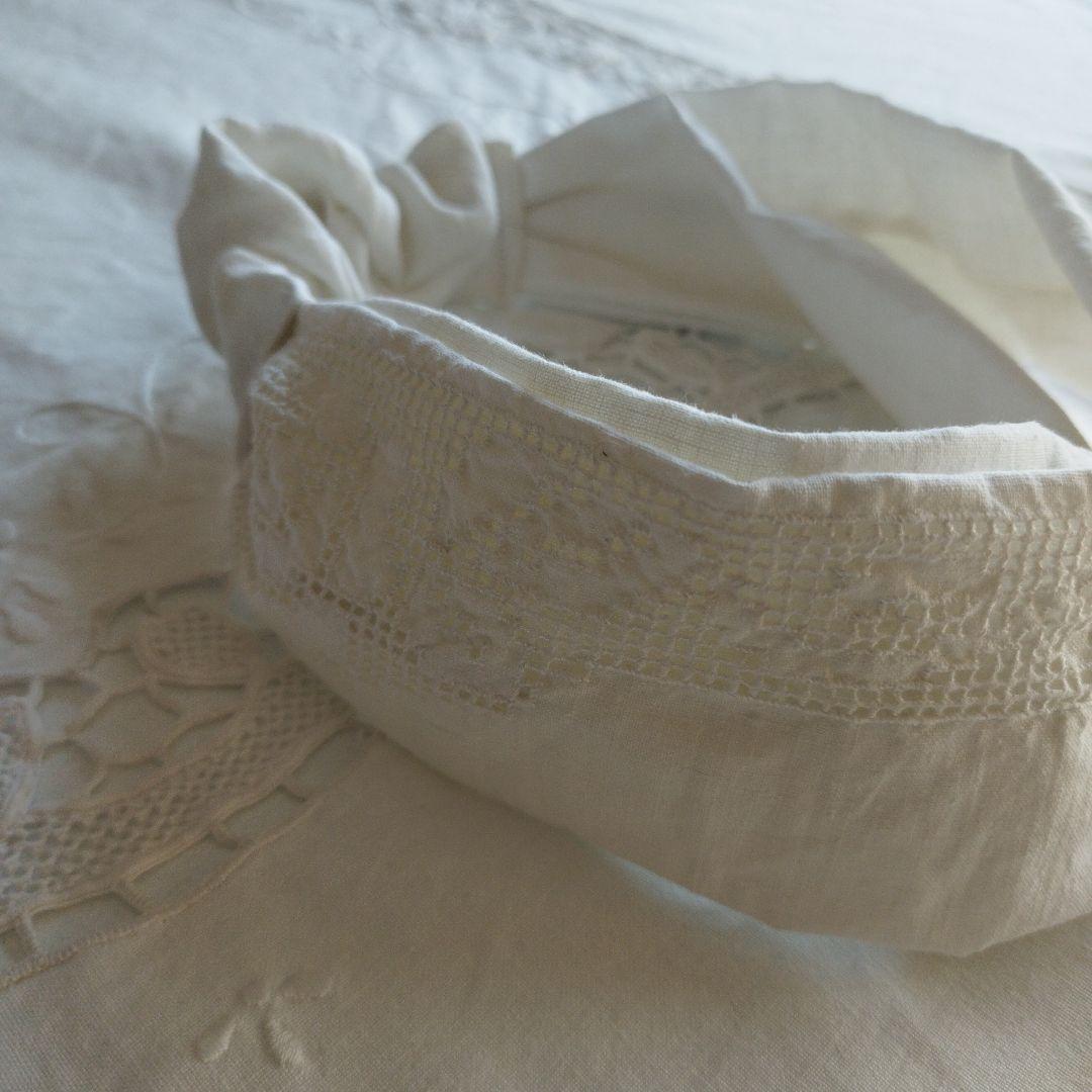 フランスアンティーク大きめリネンバッグ&ヘアーバンド2点セット*イニシャル*刺繍