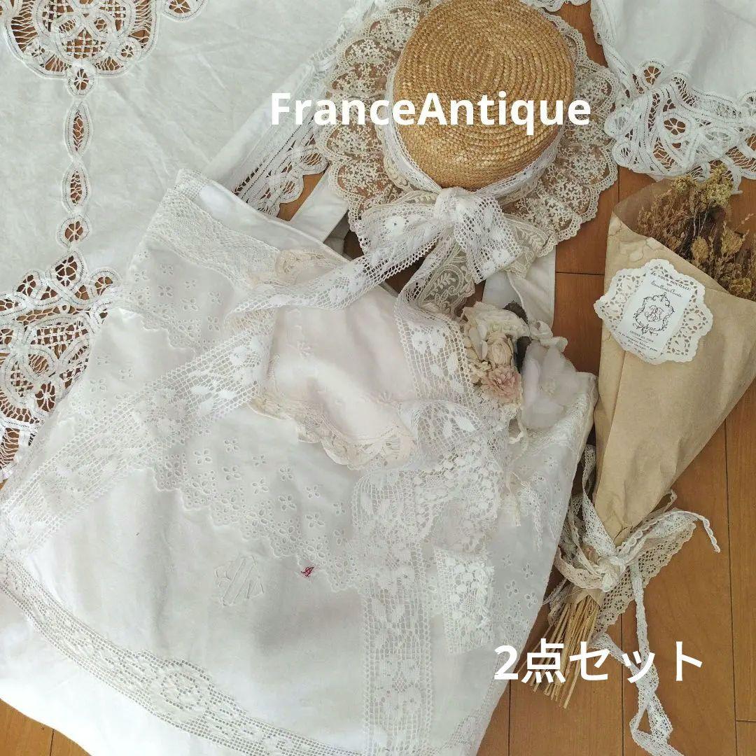 フランスアンティーク大きめリネンバッグ&ヘアーバンド2点セット*イニシャル*刺繍