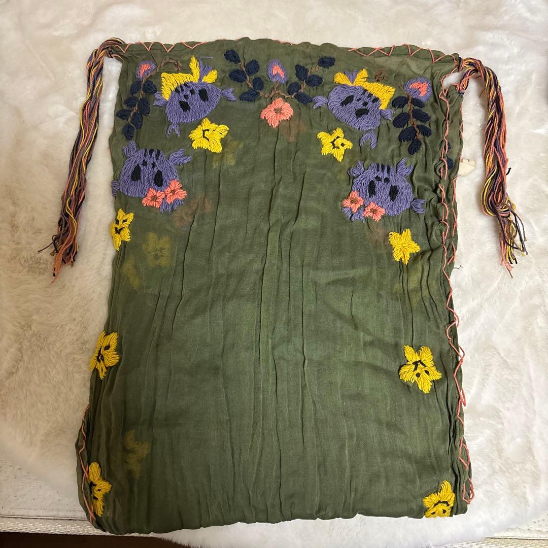 As know as 刺繍 ストール オリーブグリーン コットン100%