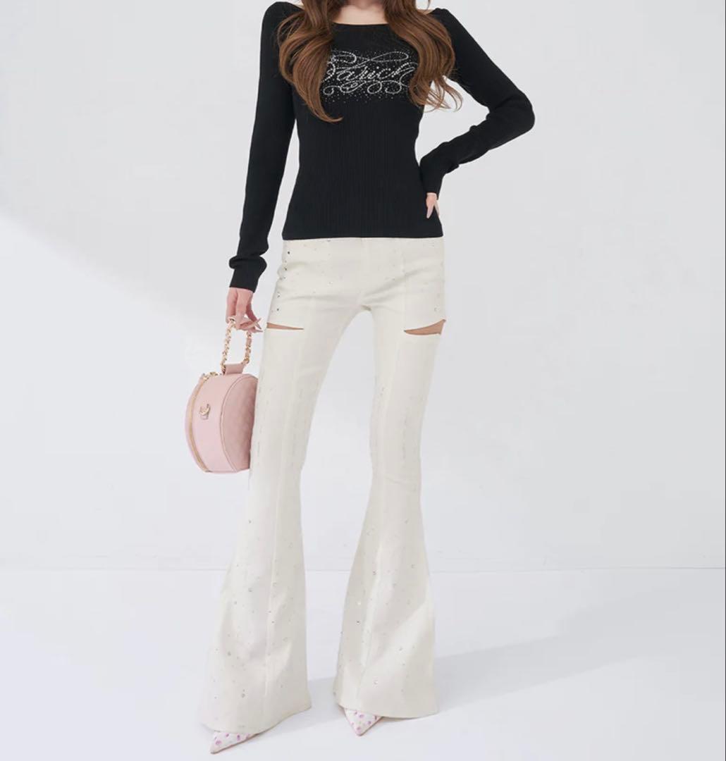 darich ドロップビジューフレアデニムパンツ WHT Sサイズ