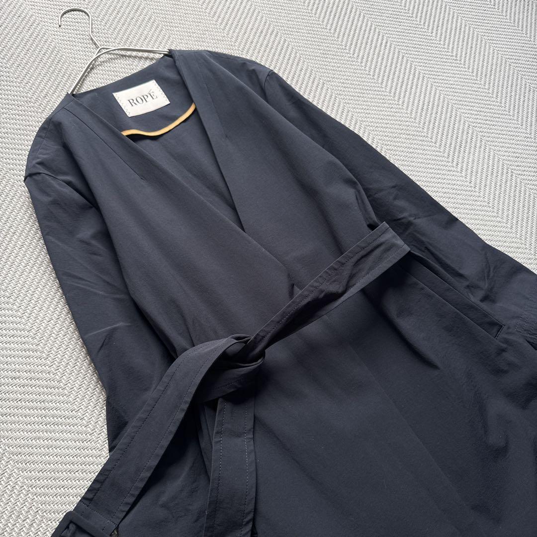 極美品 ROPE ナイロン ノーカラーコート ベルト ネイビー ロング ML