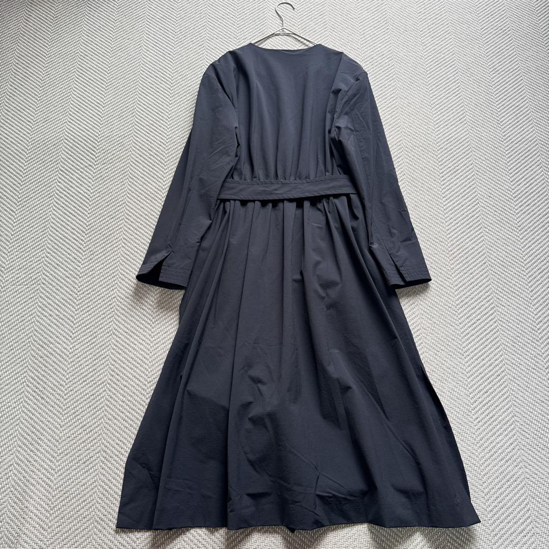 極美品 ROPE ナイロン ノーカラーコート ベルト ネイビー ロング ML