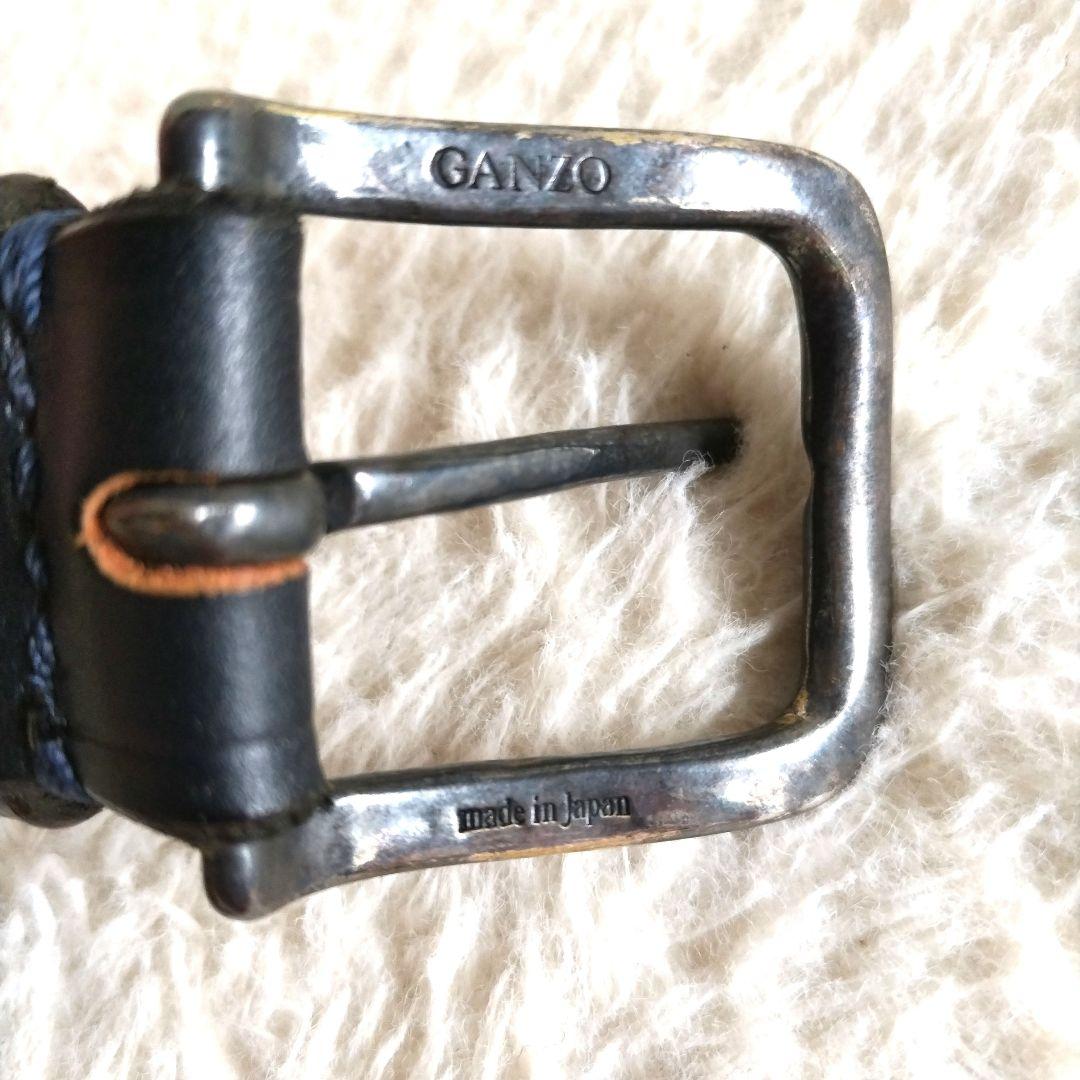 美品 GANZO ガンゾ スクエアバックル ロゴ刻印 レザーベルト ネイビー